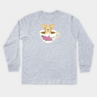 Corgi dog chillin in tea cup Kids Long Sleeve T-Shirt